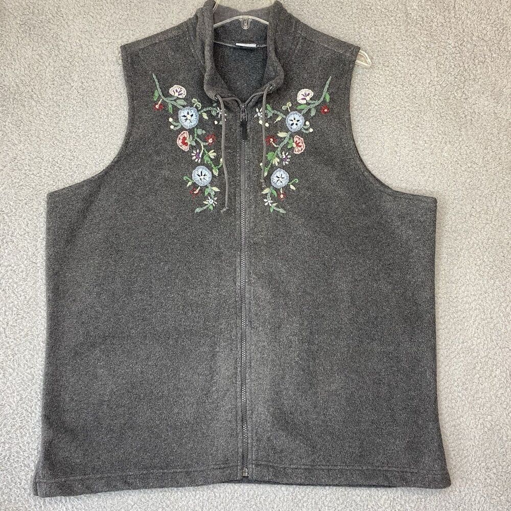 Cascade Blues Granny Gray Vest Womens 2X Embroidered Floral Full Zip XXL